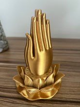 Load image into Gallery viewer, Zen Incense Burner, Golden Praying Hands With Lotus Base