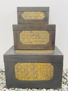 HANDMADE GREY AND GOLD SQUARE PATTERN TRUNKS SET OF 3 BIG