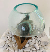 Load image into Gallery viewer, GLASS BOWL ON TEAK STAND (MED)
