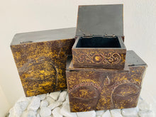 Load image into Gallery viewer, DARK RED/GOLD CARVED WOOD BOX BUDDHA EYES SET OF 3