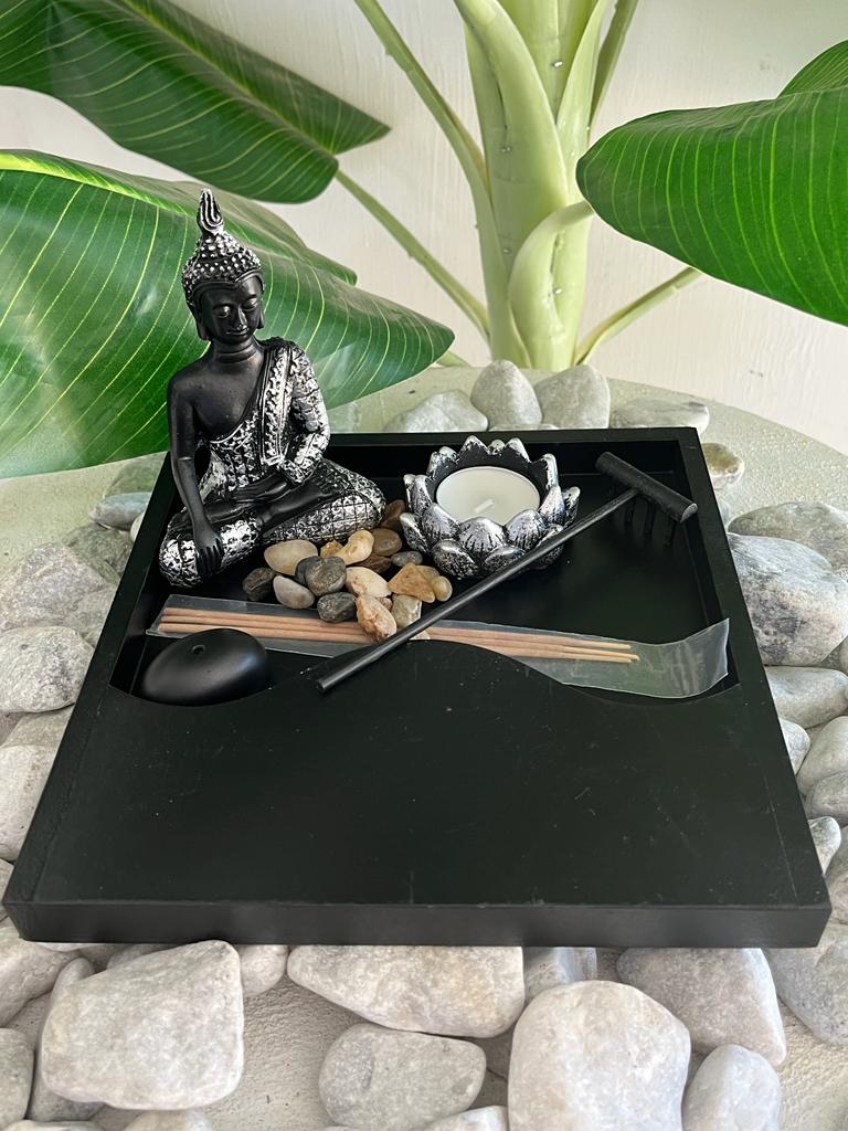 Buddha Zen Garden (Thai Silverblack Buddha with candle and incense holder)